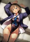  1girl black_one-piece_swimsuit blue_eyes blue_jacket blue_necktie blush breasts brown_hair commentary_request competition_swimsuit highleg highleg_one-piece_swimsuit highres jacket kekemotsu looking_at_viewer lying medium_breasts necktie on_back one-piece_swimsuit open_clothes open_jacket open_mouth open_shirt original school_uniform shirt short_hair solo striped_clothes striped_necktie swimsuit swimsuit_under_clothes teeth thighs upper_teeth_only white_shirt 