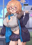  1girl ahoge black_jacket blonde_hair blue_archive blush braid breasts cleavage collared_shirt cover cover_page doujin_cover dress_shirt fur-trimmed_jacket fur_trim glasses grey_skirt halo index_finger_raised jacket kotori_(blue_archive) large_breasts long_sleeves looking_at_viewer midriff navel necktie open_clothes open_jacket open_mouth pleated_skirt red_eyes sharekoube shirt short_hair skirt smile solo thighs white_shirt 