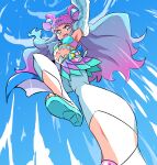  1girl absurdres blue_background blue_eyes blue_hair blue_skirt blue_sky blue_tube_top cloud cloudy_sky commentary cure_la_mer day detached_sleeves double_bun eyelash_ornament flying_kick foot_out_of_frame foreshortening from_below frown gem gradient_hair hair_bun high_heels highres kicking laura_la_mer long_hair looking_down magical_girl midriff motion_lines multicolored_hair navel open_mouth outdoors pantyhose pearl_(gemstone) pearl_hair_ornament pink_hair pink_skirt pink_tube_top precure shoes skirt sky solo speed_lines strapless teeth tropical-rouge!_precure tube_top two-tone_hair two-tone_skirt two-tone_tube_top upper_teeth_only uraki v-shaped_eyebrows very_long_hair white_pantyhose white_sleeves yellow_shoes 