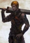  1boy arm_tattoo armor bare_shoulders blue_eyes closed_mouth fingernails hand_on_hip holding holding_sword holding_weapon kageco orange_hair original over_shoulder pauldrons solo sword tattoo vambraces weapon weapon_over_shoulder 