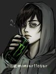  1boy ? ?? bags_under_eyes black_eyes black_gloves black_hair can cry_of_fear fingerless_gloves gloves grey_hoodie hand_up holding holding_can hood hood_up hoodie lili65err looking_at_viewer male_focus monster_energy parted_lips short_hair simon_henriksson solo 