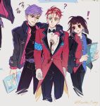  ! 1girl 2boys ? alternate_costume armband belt belt_buckle black_bow black_bowtie black_coat black_eyes black_pants black_shirt blue_eyes blue_pupils blue_shirt bow bowtie brown_hair buckle caine_(the_amazing_digital_circus) closed_mouth coat colored_teeth cropped cup disposable_coffee_cup disposable_cup earrings feet_out_of_frame gloves green_eyes grey_background hand_around_neck hat heterochromia highres holding holding_tablet_pc holding_weapon humanization jax_(the_amazing_digital_circus) jewelry lapels long_sleeves looking_at_another looking_at_viewer looking_to_the_side medium_hair mini_person mismatched_pupils motion_lines multiple_boys narrow_waist open_mouth pants parted_lips pink_suit plant pomni_(the_amazing_digital_circus) purple_belt purple_hair rabbit_necklace red_armband red_hair red_pupils red_shirt red_tailcoat science_fiction shirt short_hair simple_background sitting smirk spilling stain standing suit tablet_pc teeth the_amazing_digital_circus two-tone_shirt weapon white_gloves white_shirt xiaowu_nora yellow_eyes yellow_teeth 