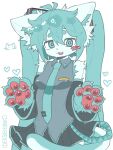 2026 alternate_species anthro arm_warmers armwear artist_logo big_feet blue_body blue_eyes blue_fur blue_hair blue_necktie blush bottomwear breasts cat_tail claws clothing digital_drawing_(artwork) digital_media_(artwork) domestic_cat double_ponytail feet felid feline felis female fluffy fur furrification glistening glistening_pawpads hair hatsune_miku heart_symbol hi_res japanese_description logo long_hair mammal necktie pawpads paws pink_pawpads ponytail simple_background skirt sleeveless_shirt solo tail tarashi vocaloid white_background