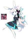  1girl animal_ears arm_ribbon arrow_(projectile) barefoot black_bow black_dress blonde_hair blue_eyes blue_ribbon blue_trim bow bow_(weapon) chinese_commentary closed_mouth commentary_request cross-laced_clothes cross-laced_dress derivative_work dot_mouth dress fialentul frilled_dress frills game_screenshot_inset hair_bow hair_ribbon high_ponytail highres holding holding_arrow holding_bow_(weapon) holding_weapon long_hair official_alternate_color pale_skin pink_trim ponytail puffy_short_sleeves puffy_sleeves rabbit_and_steel rabbit_ears rabbit_girl ribbon screenshot_inset screenshot_redraw short_sleeves simple_background sketch sniper_rabbit solo swept_bangs very_long_hair weapon white_background 