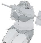  2018 anthro belly big_breasts blush breasts cleavage clothed clothing female greyscale humanoid_hands kemono looking_at_viewer mammal monochrome navel simple_background slightly_chubby solo sv_grart ursid weapon white_background 