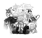  >_< ... 1boy 4girls :3 bag belt belt_buckle blush bouquet bow bowtie brooch buckle candy cape china_dress chinese_clothes cinq_association_east_uniform claws clenched_hand closed_eyes closed_mouth coat coat_on_shoulders collar cup demon_horns demon_tail don_quixote_(project_moon) dress dress_shirt e.g.o_(project_moon) facing_down facing_viewer fedora flying_sweatdrops food fur-trimmed_sleeves fur_hood fur_trim gloves goat_horns hair_between_eyes hair_ornament half-closed_eyes halo hand_on_own_hip hat heart heart_hair_ornament heishou_pack-wei_branch_(identity)_(project_moon) highres holding holding_bag holding_bouquet holding_cup holding_unworn_clothes holding_unworn_hat holding_wand hood hood_up horns id_card in_the_name_of_love_and_hate_(e.g.o) index_(identity)_(project_moon) index_fingers_together jewelry korean_text large_bow leaning_forward limbus_company long_hair looking_at_another mug multiple_girls multiple_persona necktie noxnosk off_shoulder open_clothes open_coat pastry_bag project_moon raised_eyebrow scarf shirt short_hair side_slit sidelocks sinclair_(project_moon) sleepy smile speech_bubble spoken_ellipsis sweatdrop tail translation_request twintails unworn_hat unworn_headwear wand waving 