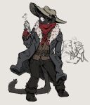 2026 5_fingers anthro bangs belt_buckle bent_arm biped black_body black_boots black_bottomwear black_clothing black_ears black_footwear black_fur black_tail boots bottomwear brown_clothing brown_topwear buckle chira1ity clothed clothed_anthro clothed_male clothing colored cosplay crazy_eyes crossover darkest_dungeon detailed digital_drawing_(artwork) digital_media_(artwork) domestic_cat duo eyebrows facial_scar felid feline felis feral feralized fingers footwear front_view full-length_portrait fully_clothed fully_clothed_anthro fully_clothed_male fur fur_jacket gloves grey_clothing grey_cowboy_hat grey_jacket grey_topwear grin grinning_at_viewer gun handgun handwear hi_res highwayman_(darkest_dungeon) holding_another holding_gun holding_handgun holding_object holding_ranged_weapon holding_revolver holding_weapon human jacket kerchief long_tail looking_at_another looking_at_viewer male male_anthro male_feral male_human mammal mewgenics monochrome one_eye_closed portrait pose ranged_weapon red_clothing red_eyes red_gloves red_handwear red_kerchief revolver scar shaded shoes side_view simple_background smile smiling_at_viewer smoking_gun speechless tail topwear weapon zodiac_(mewgenics)