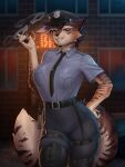 anthro belt boots clothed clothing cuff_(restraint) domestic_cat felid feline felis female footwear gold_(metal) gold_tooth gun handcuffs handpaw hi_res knee_boots knee_highs laced_boots legwear looking_at_viewer mammal metal_cuffs necktie outside paws pewas police police_officer police_uniform ranged_weapon red_eyes restraints shirt shoes smile solo topwear uniform weapon