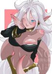  1girl android_21 bare_shoulders black_tube_top blue_eyes border colored_skin commentary_request cowboy_shot dragon_ball dragon_ball_fighterz grey_hair highres long_hair majin_android_21 navel one_eye_closed pants pink_background pink_skin pink_tail solo stktik09060906 strapless tube_top white_border white_pants 