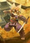  action_pose anthro armor bottomwear building canid canine castle clothed clothing detailed_background eyewear fingerless_gloves fully_clothed fur gas_mask gloves goggles green_eyes hair handwear hi_res holding_object holding_sword holding_weapon inner_ear_fluff japanese kemoisumi kemono kunai looking_at_viewer male mammal mask melee_weapon ninja orange_hair outside pants plate_armor pose slit_pupils solo standing sword tan_body tan_fur tree tuft vambraces warrior weapon 