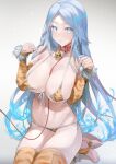  1girl absurdres animal_print bare_shoulders bell bikini blue_eyes blue_hair blush breasts cleavage collar commentary_request fiery_hair highres jingle_bell kneeling large_breasts leash long_hair looking_at_viewer navel original parted_bangs sharekoube solo striped_clothes swimsuit thighhighs thighs tiger_print translation_request yellow_bikini yellow_thighhighs 