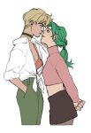  2girls arms_behind_back bishoujo_senshi_sailor_moon blonde_hair breasts brown_pantyhose brown_skirt butch/femme_couple choker cleavage closed_mouth collared_shirt couple cowboy_shot cropped_sweater earrings eye_contact green_choker green_hair green_pants hair_tubes hand_in_pocket hand_on_another's_cheek hand_on_another's_face highres imminent_kiss jewelry kaciart kaiou_michiru leaning_forward long_hair looking_at_another low_ponytail medium_breasts midriff miniskirt multiple_girls navel orange_shirt own_hands_clasped own_hands_together pants pantyhose parted_bangs parted_lips pink_sweater ponytail shirt short_hair skirt sleeves_rolled_up sweater ten'ou_haruka tied_shirt white_background white_shirt yuri 