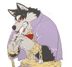  2020 anthro black_body black_fur blush bodily_fluids bone canid canine canis cddi_h chain clothed clothing dog_tags domestic_dog drooling fur garmr male mammal object_in_mouth open_shirt purple_clothing purple_topwear saliva sharp_teeth shirt simple_background solo teeth tokyo_afterschool_summoners topwear video_games white_background white_body white_fur wolf 