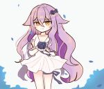  1girl blue_flower blue_rose bouquet breasts brown_eyes cleavage closed_mouth collarbone commentary_request dress flower grey_background hair_between_eyes hair_flower hair_ornament holding holding_bouquet honkai_(series) honkai_impact_3rd korean_commentary long_hair looking_at_viewer medium_breasts mming_(mmingis18) petals purple_hair rose simple_background sirin smile solo standing very_long_hair white_dress 