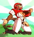 0ct0m0n0 anthro balls bottomwear brown_body brown_fur clothing fur genitals grass half-erect haplorhine hi_res humanoid_genitalia humanoid_penis kneeling male male_anthro mammal monkey narrowed_eyes nipples penis plant primate red_clothing red_helmet red_topwear solo tan_balls tan_body tan_penis tan_skin topwear torn_clothing torn_topwear vein veiny_penis white_bottomwear white_clothing white_topwear yellow_eyes