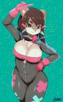  2020 accessory anthro big_breasts black_nose breasts brown_hair clothing cute_fangs female gloves green_background hair hair_accessory hairclip handwear hi_res jumpsuit looking_at_viewer lutrine mammal mofumofumachine mustelid simple_background smile solo 