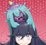  1girl @_@ black_hair blush closed_eyes commentary_request fangs gradient_background hex_maniac_(pokemon) korean_commentary kysso long_hair looking_at_viewer mareanie on_head open_mouth pokemon pokemon_(creature) pokemon_on_head pokemon_xy red_background spikes 