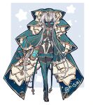  1girl balance_scale closed_mouth commentary_request dark-skinned_female dark_skin dress expressionless eyebrows_hidden_by_hair flat_chest full_body green_dress green_eyes green_skirt green_thighhighs grey_hair groin highleg highleg_leotard hisui_(syarute) holding_scale leotard long_hair looking_at_viewer original skirt solo thighhighs tiptoes very_long_hair weighing_scale white_leotard 