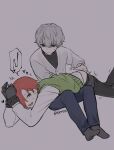  2boys absurdres ass bdsm black_gloves black_pants blue_pants bondage bound bound_wrists clothes_pull collared_shirt commentary_request cuffs dress_shirt gloves green_sweater_vest hair_over_one_eye handcuffs heart highres invisible_chair jh kuchinashi_dabi looking_at_another lying lying_on_lap male_focus masochism multiple_boys no_shoes on_lap on_stomach oshi_no_taisetsuna_hito_ni_narikawaru pants pants_pull red_hair serious sharp_teeth shirt simple_background sitting spanking sweater_vest teeth tonimura_yui white_shirt yaoi 