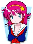  1girl :d asamiya_athena beeru_(veil8801) blue_eyes breasts cleavage collarbone commentary_request drop_shadow eyelashes hairband highres large_breasts long_hair neckerchief open_mouth pink_hair psycho_soldier red_neckerchief sailor_collar school_uniform serafuku smile solo star_(symbol) star_hairband upper_body white_sailor_collar yellow_hairband 