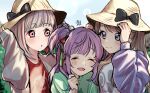  3girls :d :o ^_^ black_bow bob_cut bow brown_hair closed_eyes closed_mouth colored_inner_hair commentary_request facing_viewer flower fujishima_megumi green_shirt grey_jacket grey_shirt hair_bun hair_flower hair_ornament hasu_no_daisankaku hat hat_bow highres inverted_bob jacket kyaku_tasu link!_like!_love_live! looking_at_another love_live! multicolored_hair multiple_girls open_clothes open_jacket open_mouth otomune_kozue outdoors purple_hair purple_jacket red_flower red_shirt red_streaks seeno_de!_hasu_no_sora! shirt side_ponytail single_side_bun smile straw_hat streaked_hair tassel tassel_hair_ornament upper_body yugiri_tsuzuri 