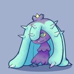  blue_eyes clefartist colored_sclera fangs grey_background highres mareanie pokemon pokemon_(creature) signature simple_background solo spikes yellow_sclera 