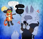 4_fingers against_surface against_wall anthro arm_tuft arm_wrapping arm_wraps beverage big_ears bodily_fluids boots canid canine canis cape cheek_tuft cloak clothing container cup dangling dangling_legs death_(puss_in_boots) dialogue domestic_cat dreamworks drinking duo ears_up elbow_tuft eyes_closed facial_markings facial_tuft felid feline felis fingers fluffy fluffy_tail footwear fur fuzzy green_eyes grey_body grey_fur hakota hat head_markings headgear headwear hi_res holding_container holding_cup holding_mug holding_object looking_at_another male mammal markings mask_(marking) mug neck_tuft nervous nervous_sweat open_mouth open_smile orange_body orange_fur outline pinned pinned_by_weapon pinned_to_wall pointy_ears poncho prick_ears puss_in_boots_(dreamworks) puss_in_boots_(franchise) question requesting shoes sickle size_difference smile sparkles speech_bubble standing suspended_by_weapon suspension sweat tabby_cat tail tears text trapped tuft weapon wolf wrapped_arms wraps