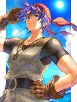  1boy amulet armor bandana belt belt_buckle black_belt black_shirt blue_sky border brown_gloves buckle chainmail chrono_cross closed_mouth gloves hanada_nadako hand_on_own_hip hashtag-only_commentary male_focus pillarboxed print_bandana purple_eyes purple_hair red_bandana serge_(chrono_cross) shading_eyes shirt short_hair short_sleeves sky smile solo sunlight white_border 