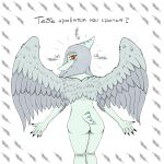 absurd_res amber_eyes anthro blue_body bone_frill butt colored dialogue elbow_feathers fang_(gvh) feathered_wings feathers female fingers frill_(anatomy) goodbye_volcano_high grey_body grey_feathers grey_hair hair head_turned hi_res humanoid_hands ko_op_(game_developer) long_hair looking_at_viewer looking_back lorikani markings nude nude_anthro nude_female pattern_background portrait pose prehistoric_species pterosaur reptile russian_text scalie shaded short_tail simple_background solo spread_wings striped_markings stripes tail talking_to_viewer text three-quarter_portrait translated wings