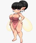 absurd_res barefoot big_breasts biped black_hair breasts clothed clothing ear_piercing eyelashes fairy feet female glistening glistening_body hair hair_bun hand_on_hip hi_res humanoid not_furry piercing pupils purple_eyes simmsyboy smile thick_thighs wide_hips wings