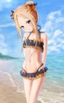  1girl abigail_williams_(fate/grand_order) arms_behind_back bangs bare_arms bare_shoulders beach bikini black_bikini black_bow blonde_hair blue_eyes blue_sky blush bow cloud collarbone commentary_request day double_bun emerald_float eyebrows_visible_through_hair fate/grand_order fate_(series) hair_bow head_tilt highres horizon long_hair looking_at_viewer navel ocean orange_bow outdoors parted_bangs parted_lips sakazakinchan sand sidelocks sky solo standing swimsuit water 