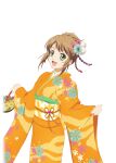  1girl artist_request brown_hair cowboy_shot floral_print floral_print_kimono flower furisode game_cg green_eyes hair_flower hair_ornament holding japanese_clothes kimono leia_rolando looking_at_viewer official_alternate_costume official_art open_mouth orange_kimono print_kimono smile solo standing tales_of_(series) tales_of_asteria tales_of_xillia tales_of_xillia_2 third-party_source transparent_background 