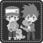  2boys artist_name blue_oak border bulbasaur charmander chibi commentary_request holding holding_poke_ball lizard monochrome multiple_boys poke_ball pokemon pokemon_rgby red_(pokemon) rizu_(rizunm) squirtle starter_pokemon_trio turtle 