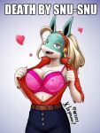  1girl 2021 animal_ears artist_name belt ben-day_dots blonde_hair blue_eyes boku_no_hero_academia bra breasts brown_belt buttons collarbone covered_nipples cowboy_shot dated death_by_snu_snu_(meme) denim english_commentary english_text fangs furry furry_female futurama hairband half-closed_eyes heart highres ippan_josei jeans klaymoor lace-trimmed_bra lace_trim large_breasts meme open_clothes open_mouth open_shirt pants pink_bra red_hairband red_shirt screentones shirt solo unbuttoned underwear 