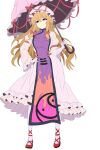  1girl blonde_hair commentary dress frilled_dress frilled_hat frilled_umbrella frills hand_on_own_hip hat highres holding holding_umbrella long_hair mob_cap purple_eyes purple_tabard red_shoes shoes simple_background solo standing tabard tokonote touhou umbrella white_background white_dress yakumo_yukari 