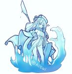  1girl aged_down beret capelet commentary_request full_body groin hat hisui_(syarute) holding holding_paddle leotard liquid_hair long_hair looking_at_viewer open_mouth original paddle pointy_ears simple_background smile solo undine white_background 