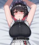  1girl arms_up artist_name bed_sheet belt black_belt black_bow black_hair bow collar cslucaris ear_piercing ellen_joe highres looking_at_viewer lying maid maid_headdress multicolored_hair on_back piercing red_eyes red_hair shark_girl solo spiked_collar spiked_headband spikes two-tone_hair zenless_zone_zero 