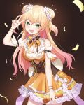  1girl absurdres arm_garter bell black_bow black_bowtie blonde_hair bow bowtie bracelet breasts cleavage cleavage_cutout clothing_cutout commentary_request confetti corset cowboy_shot cutout_above_navel detached_sleeves double_bun fang flower frilled_shirt frilled_skirt frills gradient_hair green_eyes hair_bun hair_flower hair_ornament highres holding holding_microphone hololive jewelry jingle_bell large_breasts layered_skirt long_hair microphone momosuzu_nene momosuzu_nene_(1st_costume) multicolored_bow multicolored_bowtie multicolored_hair neck_bell orange_bow orange_bowtie orange_shirt orange_skirt pink_hair shirt side_up_bun skirt sleeveless sleeveless_shirt solo suis_(suis022511) two_side_up underbust v virtual_youtuber white_bow white_bowtie yellow_bow yellow_bowtie yellow_skirt 