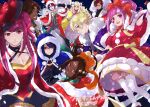  4girls 5boys :d alcryst_(fire_emblem) alfred_(fire_emblem) alternate_costume blonde_hair bloomers blue_eyes blue_hair bow breasts brother_and_sister brothers celine_(fire_emblem) christmas cleavage commentary_request cosplay dark-skinned_female dark-skinned_male dark_skin diamant_(fire_emblem) facial_mark fake_antlers fire_emblem fire_emblem_engage fogado_(fire_emblem) green_eyes grin hair_between_eyes hair_bow hair_ornament hair_ribbon hat heart heart_facial_mark hortensia_(fire_emblem) ivy_(fire_emblem) konnichi_warou large_breasts long_hair male_alear_(fire_emblem) multicolored_hair multiple_boys multiple_girls open_mouth orange_bow pink_bloomers pink_eyes pink_hair red_bow red_eyes red_hair ribbon rudolph_the_red_nosed_reindeer rudolph_the_red_nosed_reindeer_(cosplay) santa_hat siblings sisters small_breasts smile sommie_(fire_emblem) star-shaped_pupils star_(symbol) star_hair_ornament symbol-shaped_pupils timerra_(fire_emblem) translation_request two-tone_hair 