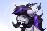 2026 black_eyebrows black_mane blue_background bust_portrait colored digital_drawing_(artwork) digital_media_(artwork) ear_tuft earth_pony english_description equid equine eyebrow_through_hair eyebrows eyelashes fan_character female feral fur gradient_background grey_body grey_fur hair hasbro hi_res horse lidded_eyes light lighting long_mane mammal mane multicolored_mane my_little_pony pony portrait purple_eyes purple_mane rayrage shaded sharp_teeth simple_background solo sparkles teeth thick_eyebrows toothy_grin translucent translucent_hair tuft two_tone_mane
