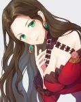  1girl breasts brown_hair cleavage closed_mouth dorothea_arnault earrings fire_emblem fire_emblem:_three_houses green_eyes grey_background jewelry jurge long_hair long_sleeves simple_background solo upper_body 