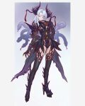  1girl absurdres boots breasts claw_ring closed_eyes commentary_request corruption dark_persona full_body gloves hand_on_own_hip high_heels highres horns long_hair magical_girl medium_breasts original partially_fingerless_gloves platform_boots pubic_tattoo shen_hai_ichigo snake snake_hair solo standing tattoo thigh_boots variant_set white_hair 