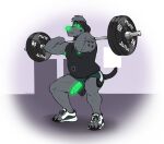 2025 anthro balls barbell beagle black_body black_fur blush bodily_fluids canid canine canis clothed clothing domestic_dog erection exercise footwear foreskin fur furgonomic_footwear furgonomics genitals glowing glowing_eyes glowing_genitalia glowing_nipples glowing_nose glowing_penis green_body green_eyes green_penis grey_body grey_fur hi_res humanoid_genitalia humanoid_penis hunting_dog labradorszn male male_anthro mammal musclegut muscular muscular_anthro muscular_male nipples penis scent_hound shoes shorts_only slightly_chubby slightly_chubby_anthro slightly_chubby_male solo sweat tail topless vein veiny_penis wardrobe_malfunction weightlifting workout