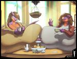  anthro beverage big_breasts breasts clothed clothing coffee curiousgarchomp dahlia dnp101 duo female fully_clothed garchomp garmina huge_breasts hyper hyper_breasts nintendo non-mammal_breasts pok&eacute;mon pok&eacute;mon_(species) tea video_games 