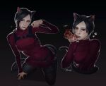  1girl ada_wong animal_ears artist_name black_hair black_pantyhose blood blood_on_hands breasts cat_ears cat_girl cat_tail chest_harness claws cropped_torso dress fingernails full_body gradient_background grey_eyes harness highres holster kemonomimi_mode kneeling licking licking_finger long_sleeves medium_breasts multiple_views pantyhose parted_bangs paw_pose paw_print red_dress resident_evil resident_evil_4 ribbed_dress sharp_fingernails short_dress short_hair solo tail thigh_holster upper_body zombiyh 