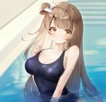  1girl ankkoyom bangs breasts brown_eyes brown_hair cleavage hair_ribbon highres large_breasts long_hair looking_at_viewer love_live! love_live!_school_idol_project minami_kotori one-piece_swimsuit one_side_up partially_submerged pool ribbon school_swimsuit smile solo swimsuit swimsuit_pull wet 