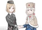  2girls english_text fur_hat girls_frontline handshake hat historical_connection military military_uniform mp40_(girls_frontline) multiple_girls ppsh-41_(girls_frontline) rampart1028 soviet_union uniform ushanka wehrmacht world_war_ii 