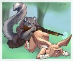 anthro ass_up bandage bottomwear butt clothed clothing digital_media_(artwork) dungeons_and_dragons duo feet felid female fur grass grey_body gun hare harengon hasbro hi_res holding_gun holding_object holding_ranged_weapon holding_rifle holding_weapon jonas-puppeh kaina_(jonas-puppeh) kneeling lagomorph leporid male mammal narrowed_eyes nude one_eye_closed outside pantherine plant ranged_weapon rifle simple_background snow_leopard spots tail topwear tree weapon wizards_of_the_coast