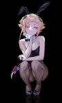  1girl animal_ear_hairband animal_ears arched_bangs asymmetrical_sidelocks bare_shoulders black_background black_bow black_bowtie black_leotard black_shoes blonde_hair blush bow bowtie breasts brown_pantyhose capella_emerada_lugnica cleavage closed_mouth colored_eyelashes detached_collar fake_animal_ears hair_bow hair_ornament hairband hand_on_own_cheek hand_on_own_face head_rest highleg highleg_leotard leotard looking_at_viewer oyasumi_sora pantyhose playboy_bunny purple_bow rabbit_ear_hairband rabbit_ears re:zero_kara_hajimeru_isekai_seikatsu shoes short_hair short_hair_with_long_locks sidelocks small_breasts smile solo squatting strapless strapless_leotard 