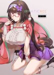  1girl absurdres blush breasts brown_hair center_frills cloak commentary_request cover cover_page detached_sleeves doujin_cover fate/grand_order fate_(series) frills glasses hairband highres kneehighs large_breasts long_hair looking_at_viewer low_twintails osakabehime_(fate) pink_cloak purple_eyes purple_skirt sharekoube shirt skirt socks solo twintails very_long_hair white_shirt 